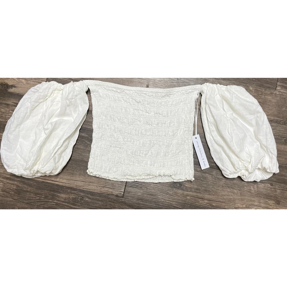 NWT Young Fabulous & Broke Yacht Top Off Shoulder Smocked Puff Sleeve Bone M - Picture 3 of 8